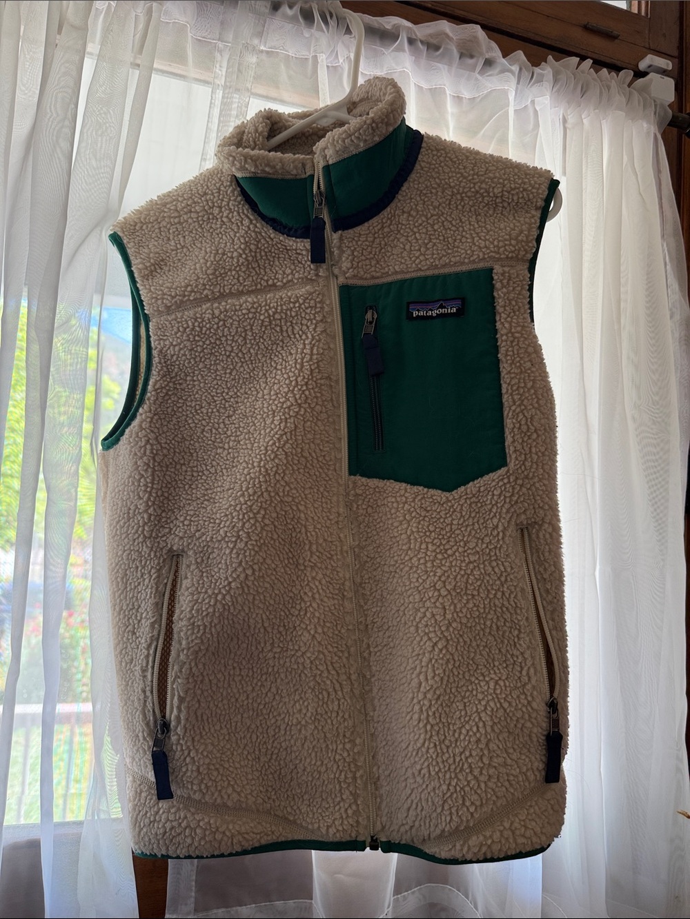 Patagonia Cream Sherpa Vest with Green Chest Pocket and Trim